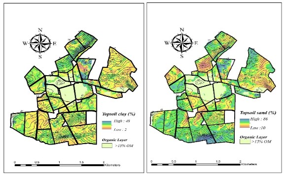 Soil texture maps produced using data from electrical conductivity measurements obtained using a DUALEM 21S sensor in the study area.